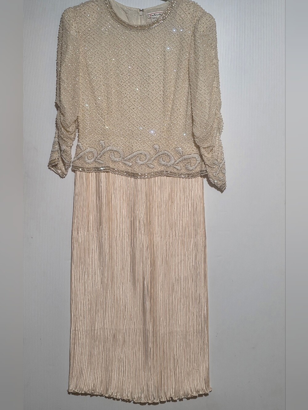Vintage Talbots Beaded Silk Bodice Pleated Champagne Midi Dress Size 10
